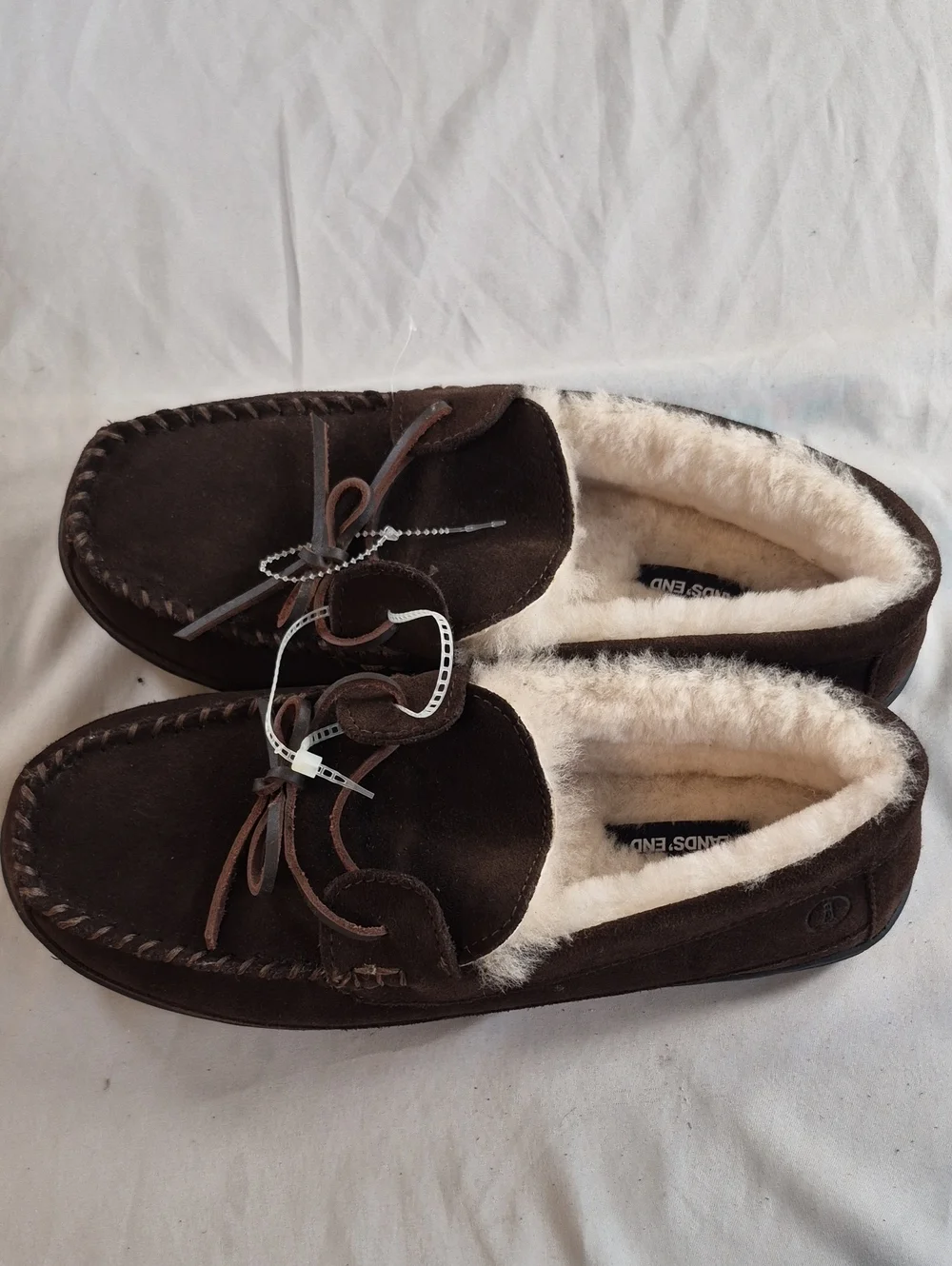 Lands' End Men's Brown Suede Shearling-Lined Moccasin Slippers